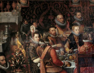 Banketten for monarkerne af huset Østrig. Detalje med til højre Anna af Østrig (1549-1580), hustru til Filip 2. af Spanien (1527-1598), med sit følge, og til venstre infanta Isabella Clara Eugenia (1566-1633).