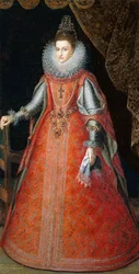 Portræt af infanta Isabella Eugenia, stående i hel figur iført en brokadekjole, 1593