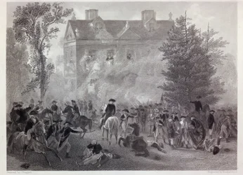 Slaget ved Germantown ved Chew House i 1777, indgraveret af Robert Hinshelwood (1812-c.75) c.1860