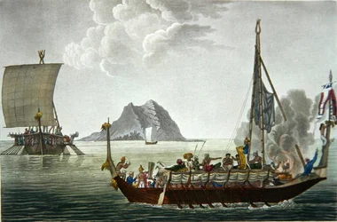 Udsigt over Corocores på øen Guebe, fra øen Pisang, fra "Voyage Autour du Monde sur les Corvettes de L