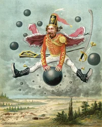 Baron Münchhausen rider på en kanonkugle under kampen med Tippoo, fra „Baron Münchhausens eventyr“ af Rudolf Erich Raspe (1736-94), udgivet ca. 1886