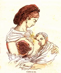 Barnet i brystet (J. Rengades normale liv & helbred) - Amning. Tegning af A. Demarle 1881