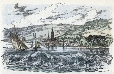 Udsigt over tidevandsboringen af ​​Seinen til Caudebec-en-Caux (Caudebec en Caux) i Seine Maritime, Normandiet (tidevandsboringen af ​​Seine-floden a Caudebec en Caux, Normandiet) Indgravering fra "" La nature et l