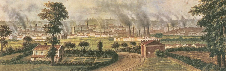 Leeds fra Rope Hill, ca. 1840 (farve litho)