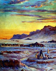 Gruppe af arabiske nomader i ørkenen. af Nasreddine Dinet (Alphonse-Étienne Dinet). 1861 1929. en fransk orientalistisk maler 1918