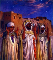 Illustration, der viser muslimske arabiske pilgrimme på vej til Mekka. af Nasreddine Dinet (Alphonse-Étienne Dinet). 1861 1929