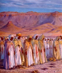 Illustration, der viser muslimske arabiske pilgrimme på vej til Mekka. af Nasreddine Dinet (Alphonse-Étienne Dinet). 1861 1929