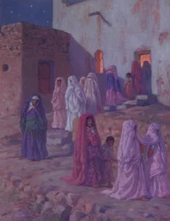 Muslimer, der forlader landsbymoskeen på aftenen for Mouled, illustration fra en historie om profeten Muhammeds liv, offentliggjort i Paris i 1918