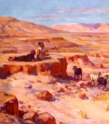 to arabiske nomadebørn spiller på fløjte, mens de ser geder i ørkenen. af Nasreddine Dinet (Alphonse-Étienne Dinet). 1861 1929. en fransk orientalistisk maler 1918