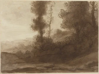 At the Foot of the Hill (pen og brunt blæk med brun lavering på lagenpapir)