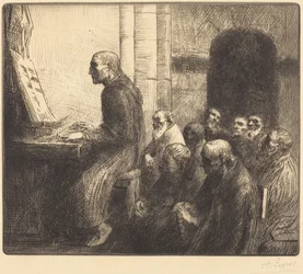 Munk spiller orgel i kirken (Moine jouant de l