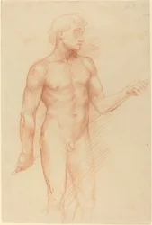 Studie af en mandsfigur, holdestang bag ryggen.