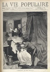 En desperat soldat krammede en kvindes lig, der lå i en seng. Illustration af Alfons Maria Mucha (Alphonse Marie Mucha