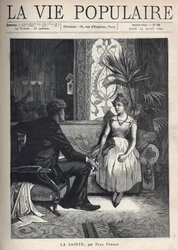 En ung kvinde, der ser syg ud, sidder på en sofa, i en rigt dekoreret stue, hun har en genert attitude og taler med en ung mand i tøj, der sidder på en lænestol, vender sig mod hende, det foretagsomme blik. Illustration af Alphons Mucha (1860-1939),