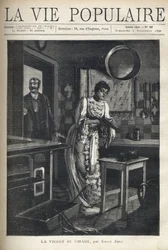 En elegant kvinde vokser en sko i køkkenet i et hus. En mand åbner døren bag hende. Illustration af Alfons Maria Mucha (Alphonse Marie Mucha