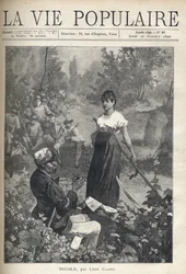 En gammel mand læser et brev til en smuk ung bonde, der holder en falsk (reaper). Jægere ser scenen i det fjerne. Illustration af Alfons Maria Mucha (Alphonse Marie Mucha