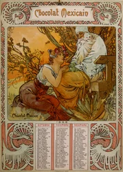 Chokolade Masson-kalender illustreret af Mucha (1860 – 1939). en tjekkisk art nouveau-maler