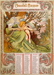 Chocolate Masson-kalender illustreret af Mucha (1860 1939). en tjekkisk art nouveau-maler