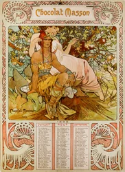 Chocolate Masson-kalender illustreret af Mucha (1860 1939). en tjekkisk art nouveau-maler