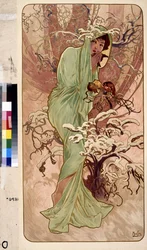 Vinter (Serie af allegori om de fire årstider). Kunstværk af Alfons Maria Mucha (Alphonse Marie Mucha