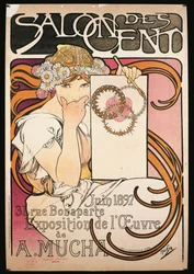 Plakat, der reklamerer for udstillingen af A. Mucha i Salon des Cent