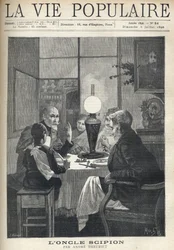 Scene i familielivet: omkring middagsbordet er en familie samlet, oplyst af en olielampe og lytter nøje til en besøgende onkel, med klare øjne og hånd, der markerer højdepunkterne i hans historie. Illustration af Alfons Maria Mucha (Alphonse