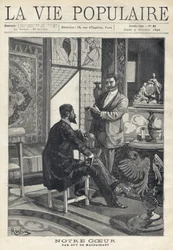 To mænd, den ene siddende og den anden stående, står over for hinanden og er i fuld snak og ryger cigaretter i en rigt dekoreret stue (mosaikvinduer, møbler, kunstgenstande). Illustration af Alfons Maria Mucha (Alphonse Marie Mucha