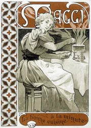 Ung kvinde laver mad på et gaskomfur - reklame Maggi ""god mad i minuttet"", af Mucha, omkring 1890.