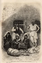 Bulgarske arbejdere, nær Sophia, gravering efter tegningen af A. De Neuville, illustrerende rejsen til Bulgarien, af Guillaume Lejean, i 1867, udgivet i "" Le tour du monde"" 1873, redigeret af Edouard Charton, Hachette-udgaven, Paris . Selva samling