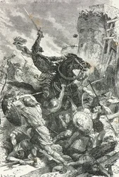Grev Eudes forsvarer Paris mod vikingernes invasion i 885 (kobberstik)