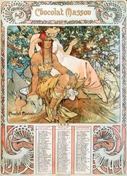 Voksenkalenderside for året 1898 dekoreret af en reklameillustration af Alphonse Mucha (1860-1939) for chokolade Masson - "" The middle age"" Reklameillustration af Alphonse Mucha for