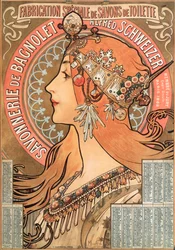 Kalenderside for året 1898 dekoreret med en reklameillustration af Alphonse Mucha (1860-1939) for sæbefirmaet Savonnerie de Bagnolet Alfred Schweizer