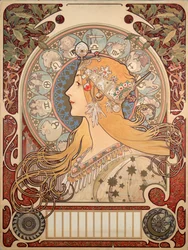 Plakat af Alphonse Mucha (1860-1939) for magasinet “La plume””, 1896 - Plakatillustration af Alphonse Mucha (1860-1939) for “La plume”” anmeldelse, 1896 (Dim 65x48 cm) - Privat samling