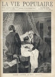 To mænd læner sig over en seng for at se en mands død. Ved døren ser andre mænd på scenen. Illustration af Alfons Maria Mucha (Alphonse Marie Mucha