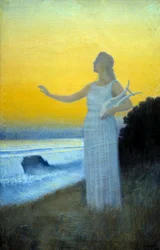 Hymne til havet Ung kvinde holder en lyre ud mod havet. Karakter, der fremkalder den græske digterinde af Antiquite Sapho. Maleri af Alphonse Osbert (1857-1939) 1900 privat samling