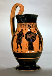 Attisk sortfiguret olpe med Athene over for Poseidon, 6. århundrede f.Kr.