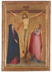 Korsfæstelsen med Madonna og Johannes Evangelisten (tempera og guld på panel)