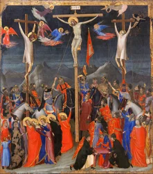 Korsfæstelsen - På siderne ses den gode røver, også kaldet Sankt Dismas (eller Dysmas, Dimas, Dumas), og den onde røver (Gesmas eller Gestas), to røvere korsfæstet med Jesus Kristus - Indskriften INRI (I N R I) på korset