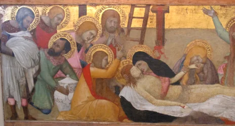 Ambrogio lorenzetti, madonna med barn og helgenerne m. maddalena og marta, compianto, 02