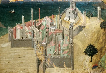 By ved havet, af Ambrogio Lorenzetti (1290-ca. 1348), tempera og guld på træ, 22.5x33.5 cm
