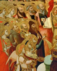 Detalje af et alter: Helgener og engle tilbeder Kristus ...