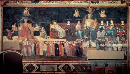 Virkninger af god og dårlig regering på byen og landet (Allegoria del buon e del cattivo governo): detalje, der fremstiller god regering (allegorier over Fred, Storsind, Klogskab, Mådehold, Retfærdighed). Fresko af Ambrogio Lorenzetti (1290-1348).