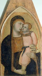 Madonna og barn, detalje fra Triptykon, der forestiller Madonna og barn med Maria Magdalena og Skt. Dorothea af Ambrogio Lorenzetti (1290-ca 1348), olie på træ