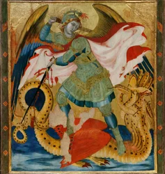 Ærkeenglen Sankt Mikael dræber dragen mellem de hellige Benedikt og Bartholomæus