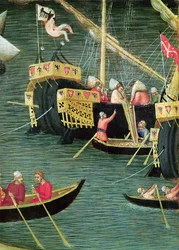 St. Nicholas redder Mira fra hungersnød, detalje af et skib, ca. 1327-32 (tempera på panel)