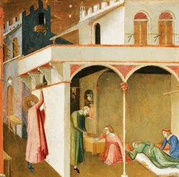 Skt. Nicholas tilbyder tre fattige piger deres medgift, detaljer fra mirakler af Skt. Nicholas af Bari af Ambrogio Lorenzetti (1290-cirka 1348), tempera på træ