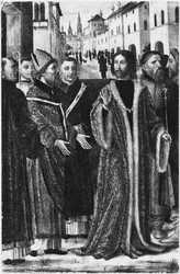 Ambrosius nægter den romerske kejser Theodosius I den Store adgang til kirken i Milano (fresko) (s/h foto)