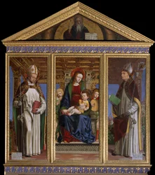 Jomfru og barn med de hellige Sankt Hugh af Avalon (eller Hugh af Lincoln) (1140-1200) og Sankt Hugh af Grenoble (eller Hugh af Chateauneuf) (1053-1132) Maleri af Ambrogio da Fossano dit il Bergognone (1481-1522) Cathedrale Saint Just, Susa, Torino