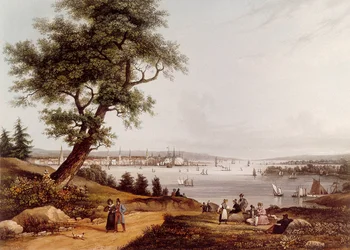 Udsigt over New York City i 1840. Litografi af Louis Ambroise Garneray (1783-1857). Paris. B.N.