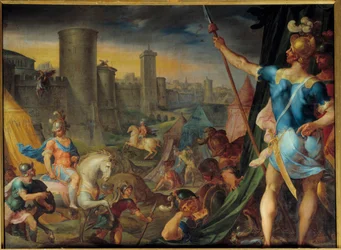 Korstogenes lejr foran Jerusalem Fra serien "" History of Tancred and Clorinde"" der illustrerer "" Jerusalem er ødelagt""" af digteren The Cup (Il tasso) Maleri af Ambroise Dubois (1542-1614) Søn . ... 1,62 x 2,15 m Springvand. Chatea